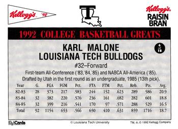 1992 Kellogg's Raisin Bran College Basketball Greats #6 Karl Malone Back