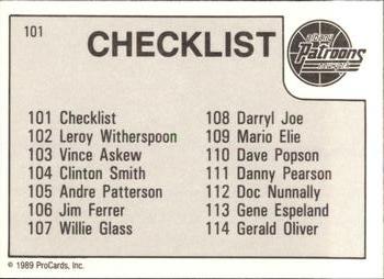 1989-90 ProCards CBA #101 Albany Patroons Checklist Back