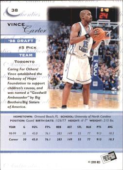1999 Press Pass Authentics #38 Vince Carter Back