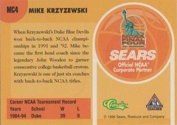 1996 Classic Sears Legends of the Final Four #MC4 Mike Krzyzewski Back