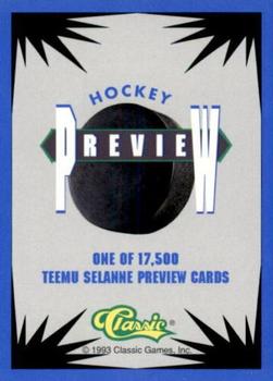 1993 Classic Draft Picks - Hockey Previews #NNO Teemu Selanne Back