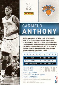 2014-15 Panini Totally Certified #62 Carmelo Anthony Back
