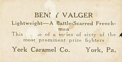 1927 E211 York Caramel Prizefighters #43 Benny Valger Back