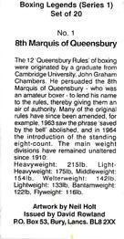 1999 Boxing Legends Series 1 #1 8th Marquis of Queensbury Back