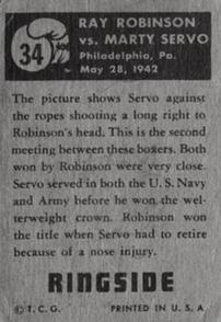1951 Topps Ringside #34 Ray Robinson vs. Marty Servo Back