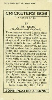 1938 Player's Cricketers #23 Jim Sims Back