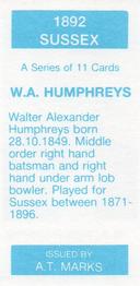 1990 A.T. Marks 1892 Sussex Cricketers  #NNO Walter Humphreys Back