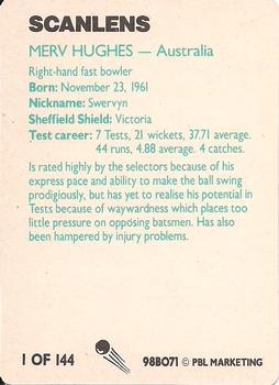 1988-89 Scanlens Stimorol Cricket #1 Merv Hughes Back