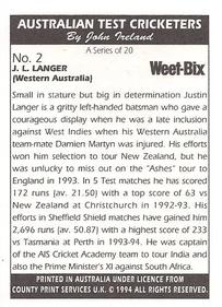 1994 Weet-Bix Australian Test Cricketers #2 Justin Langer Back