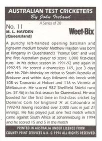 1994 Weet-Bix Australian Test Cricketers #11 Matthew Hayden Back