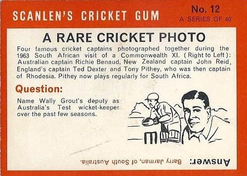 1965 Scanlen's Cricket #12 A Rare Cricket Photo Back