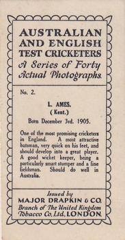 1928 Major Drapkin & Co. Australian and English Test Cricketers #2 Les Ames Back