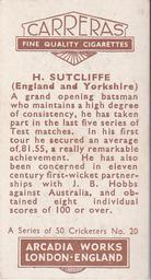 1934 Carreras A Series Of 50 Cricketers #20 Herbert Sutcliffe Back