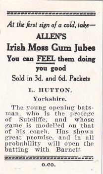 1938 Allen's Test Cricketers #22 Len Hutton Back