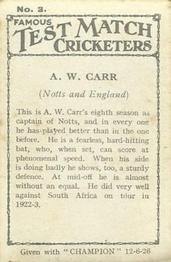 1926 Amalgamated Press Famous Test Match Cricketers #3 Arthur Carr Back