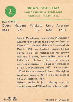 1961 A&BC Cricket 1961 Test Series (Standard Border) #2 Brian Statham Back