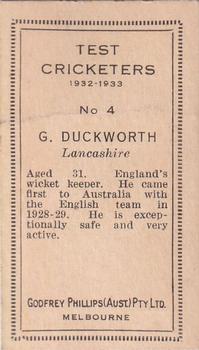 1932 Godfrey Phillips Test Cricketers #4 George Duckworth Back