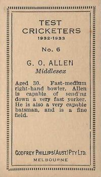1932 Godfrey Phillips Test Cricketers #6 George Allen Back