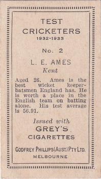 1932 Godfrey Phillips Test Cricketers #2 Leslie Ames Back