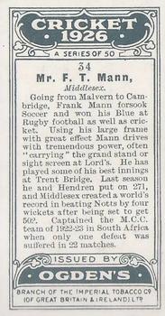 1926 Ogden's Cricket #34 Frank Mann Back