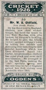 1926 Ogden's Cricket #35 Bert Oldfield Back