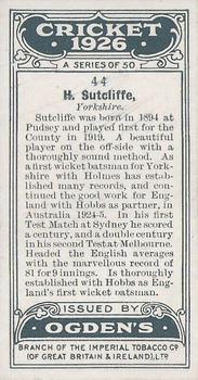 1926 Ogden's Cricket #44 Herbert Sutcliffe Back