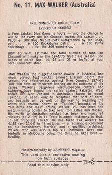 1974 Sunicrust Cricket #11 Max Walker Back