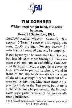 1989-90 FAI Australian Cricket Team Season 1989-1990 #22 Tim Zoehrer Back