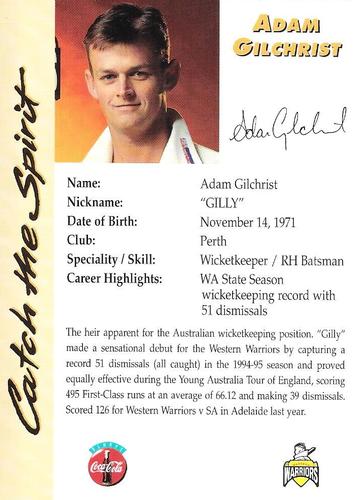 1995-96 Western Warriors Cricket Catch The Spirit #NNO Adam Gilchrist Back
