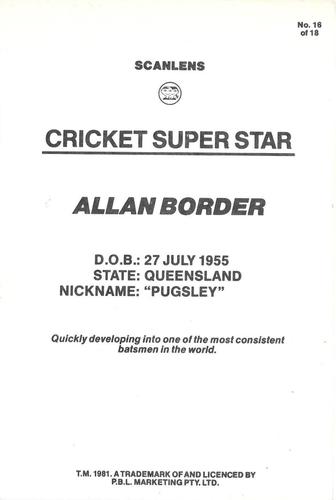 1981 Scanlens Cricket Super Star #16 Allan Border Back