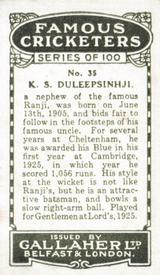 1926 Gallaher Cigarettes Famous Cricketers #35 K.S. Duleepsinhji Back