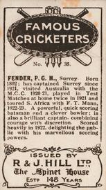 1923 R & J Hill Famous Cricketers #35 Percy Fender Back