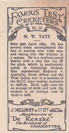 1928 J.Millhoff & Co Famous Test Cricketers #22 Maurice Tate Back