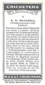 1936 Churchman's Cricketers #4 Alfred Bakewell Back
