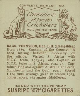 1926 R & J Hill Caricatures Of Famous Cricketers (Large) #46 Lionel Tennyson Back
