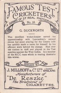 1928 J.Millhoff & Co Famous Test Cricketers (Large) #18 George Duckworth Back