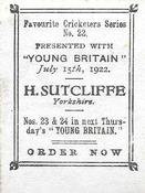 1922 Amalgamated Press Young Britain Favourite Cricketers #22 Herbert Sutcliffe Back