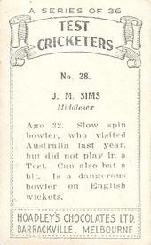 1938 Hoadley's Test Cricketers #28 Jim Sims Back