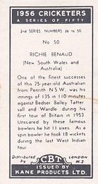 1956 Kane Products Cricketers Series 2 #50 Richie Benaud Back