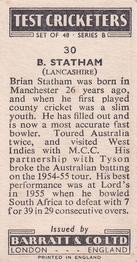 1956 Barratt & Co Test Cricketers Series B #30 Brian Statham Back