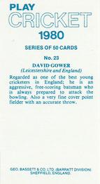 1980 Geo.Bassett Confectionery Play Cricket #23 David Gower Back