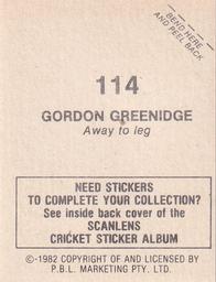 1982 Scanlens Cricket Stickers #114 Gordon Greenidge Back