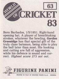 1983 Panini World Of Cricket Stickers #63 Gordon Greenidge Back