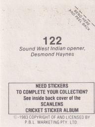 1983 Scanlens Cricket Stickers #122 Desmond Haynes Back