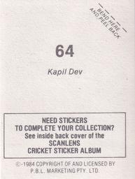 1984 Scanlens Cricket Stickers #64 Kapil Dev Back