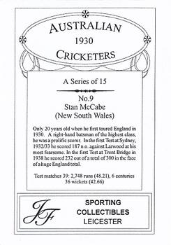 1999 JF Sporting Collectibles Australian Cricketers 1930 #9 Stan McCabe Back