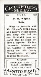 1926 J.A. Pattreiouex Cricketers #52 William Whysall Back