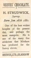 1912 Reeve's Chocolate Cricketers #5 Herbert Strudwick Back