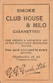 1924 G. G. Goode Club House & Milo Prominent Cricketers #NNO Herb Sutcliffe Back
