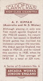 1934 Carreras A Series Of Cricketers #6 Alan Kippax Back